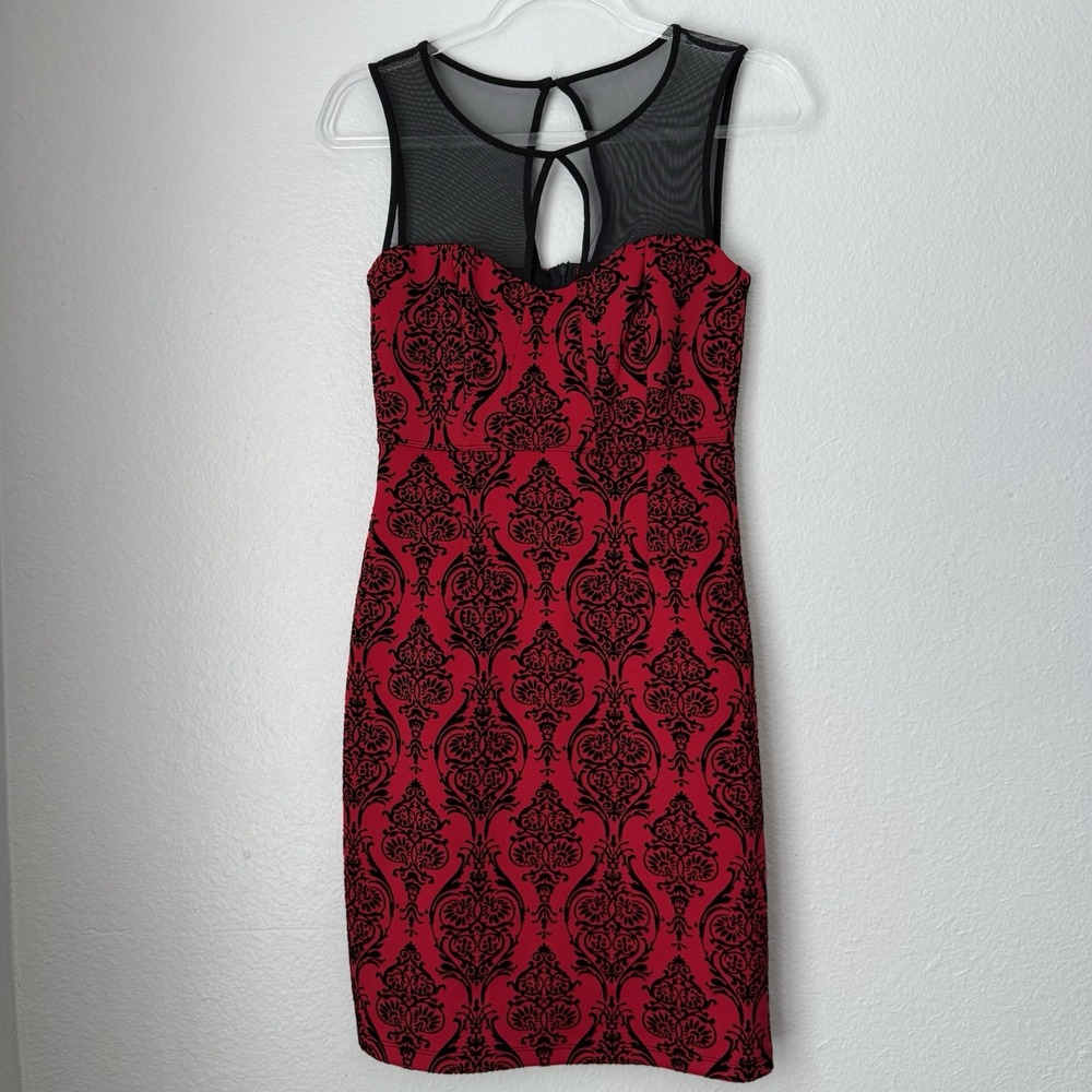 Vintage Y2K Red Velvet Burnout Sheath Dress Romantic Goth Dark Vamp Victorian